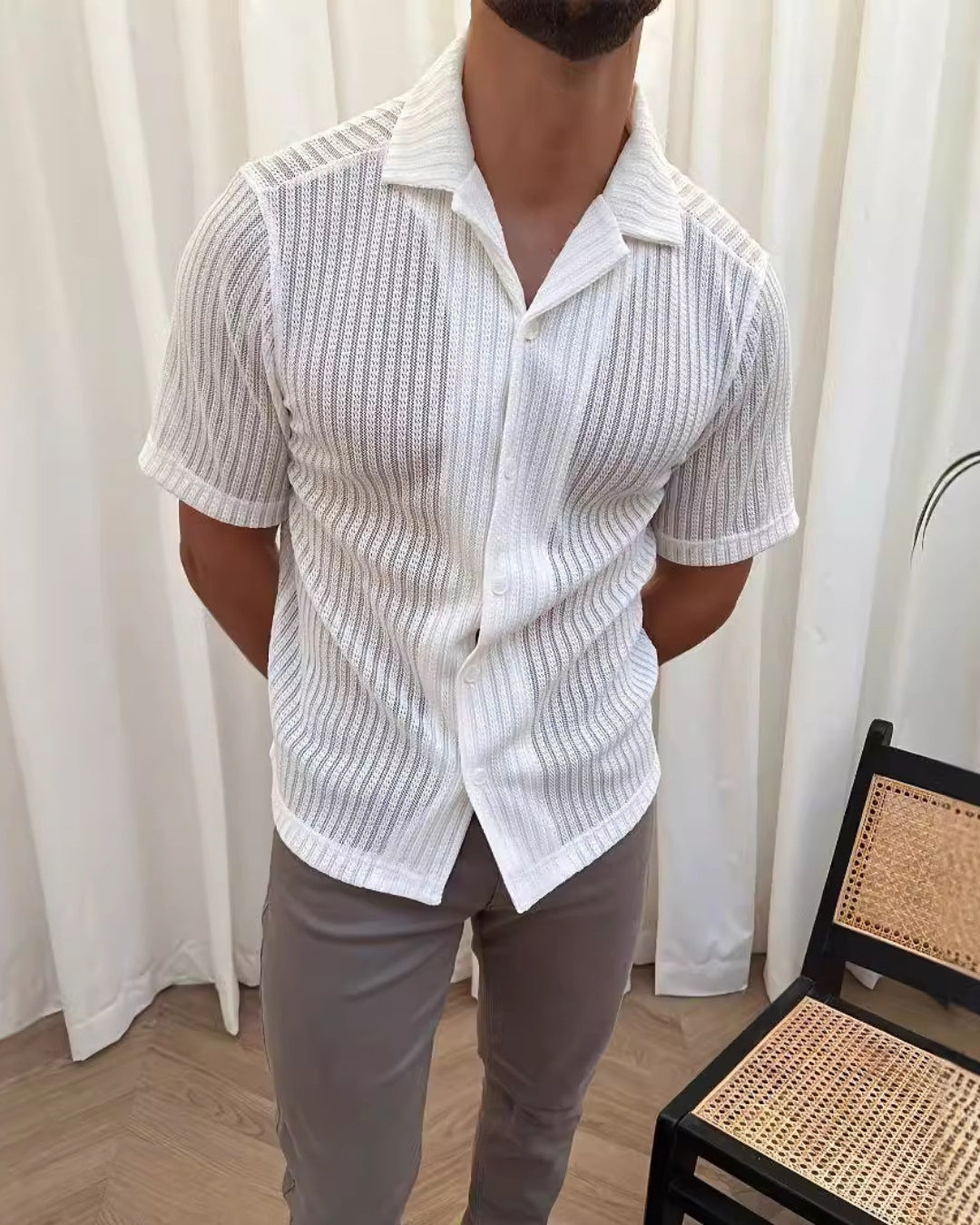 Ivory Textured Knit Polo Shirt