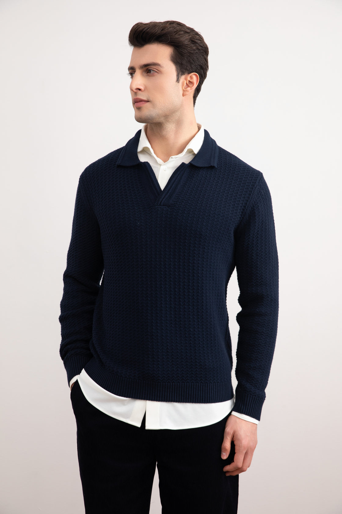 Navy Textured Open Polo Sweater