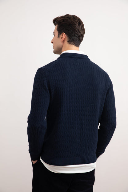 Navy Textured Open Polo Sweater