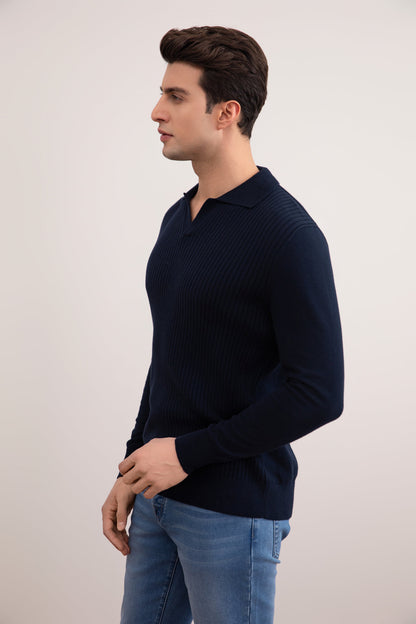 Navy Striped Open Polo Shirt