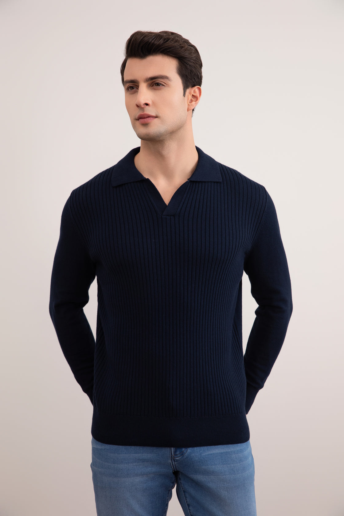 Navy Striped Open Polo Shirt