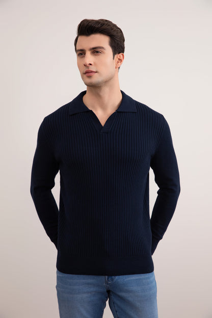 Navy Striped Open Polo Shirt