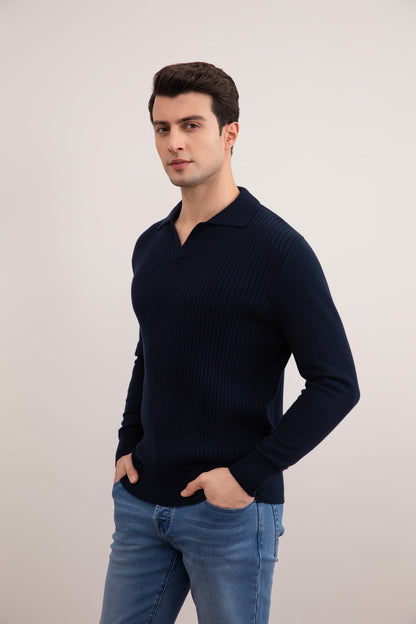 Navy Striped Open Polo Shirt