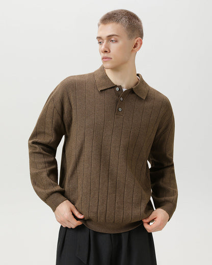 Ribbed Knit Long Sleeve Polo Sweater