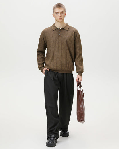 Ribbed Knit Long Sleeve Polo Sweater