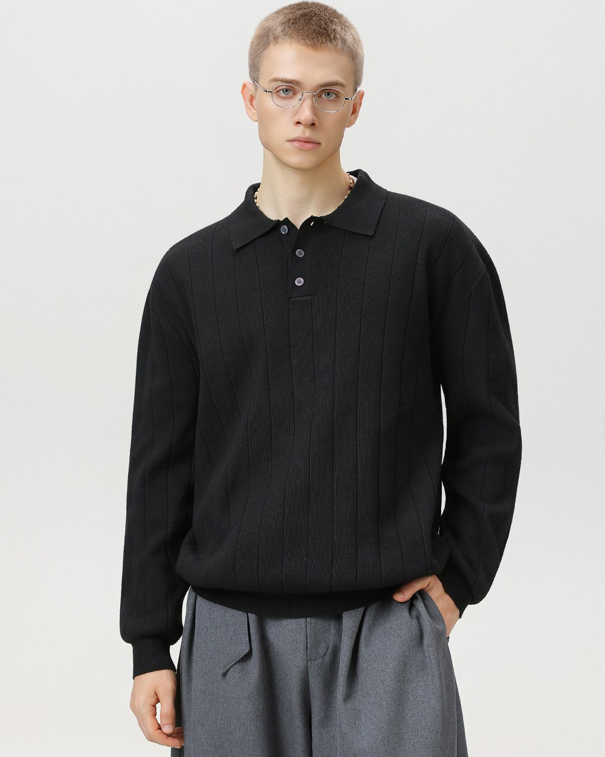 Ribbed Knit Long Sleeve Polo Sweater