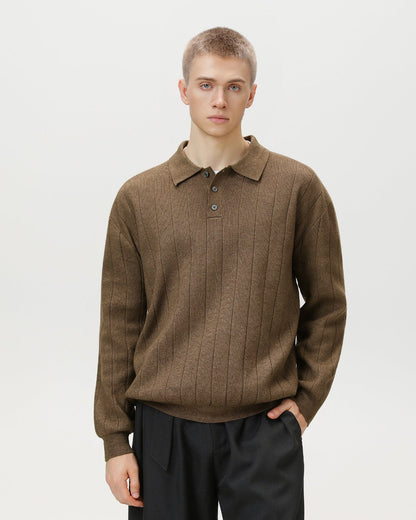 Ribbed Knit Long Sleeve Polo Sweater